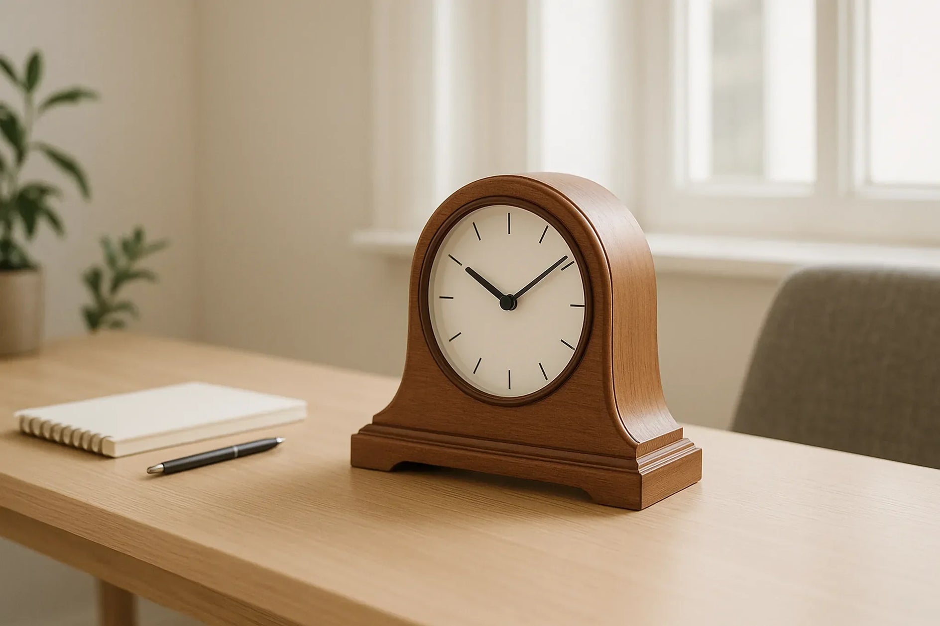 A minimalist desk scene showcases a wooden mantel-style analog clock with a white face and black hands, accompanied by a closed notebook and pen.