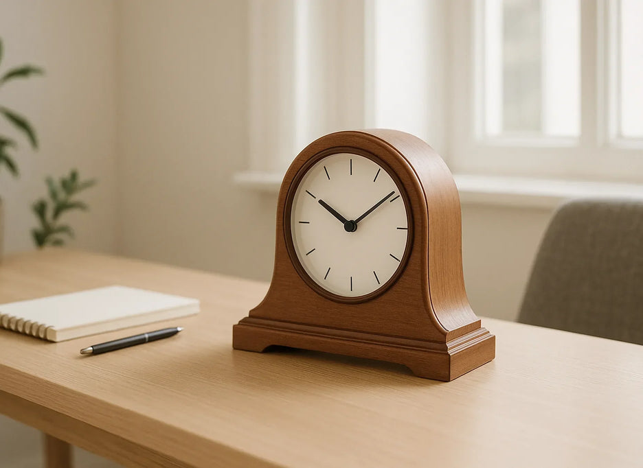 A minimalist desk scene showcases a wooden mantel-style analog clock with a white face and black hands, accompanied by a closed notebook and pen.
