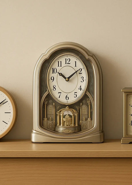 A trio of tabletop clocks: a minimalist round wall-style, ornate mantel with Arabic numerals, and a brass-tone carriage clock with Roman numerals, styled on a light wood surface.