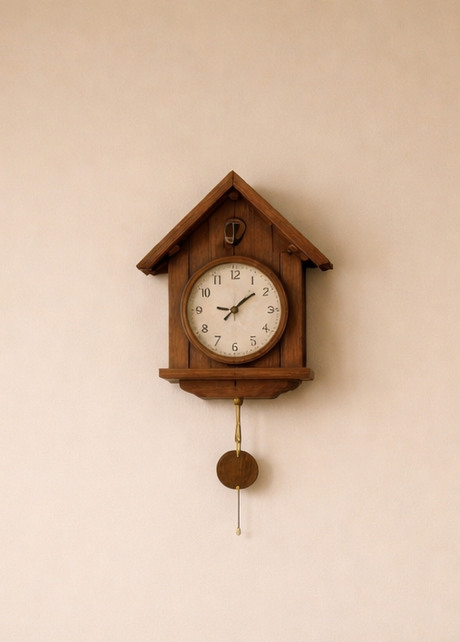 A light-beige sofa sits by a window with matching curtains. Above a wooden sideboard, a house-shaped pendulum clock is mounted, complemented by a ceramic lamp and vase with dried grasses.