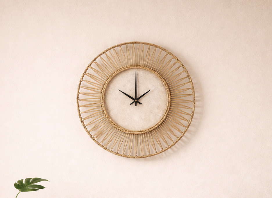 decorative wall clock on a teal wall, time at 10:10, above a wooden sideboard with a glass vase and a hardcover book.